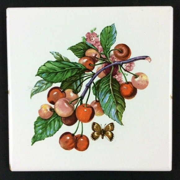 Decorative Ceramic Tiles Set Of 2 Berries Butterflies Design Imola Coop Italy - Picture 2 of 8